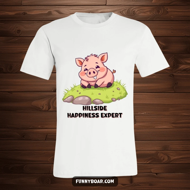 Funny T-Shirt: A chubby boar with a huge smile is captured mid-roll down a grassy slope, radiating pure bliss.