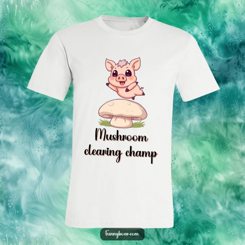 Funny T-Shirt: A delighted tiny boar with enormous eyes gracefully leaps over a large mushroom, exuding playful energy.