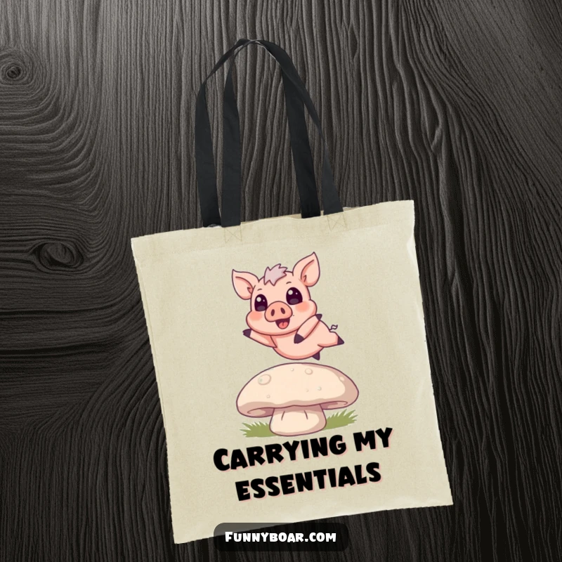 Funny Tote Bag: A small, wide-eyed boar joyfully hops over a big mushroom, a cute and funny scene.