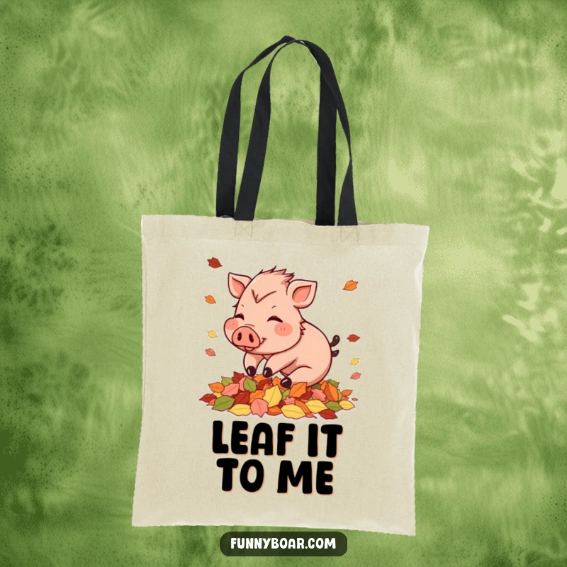 Funny Tote Bag: A rosy-cheeked small boar playfully dives into a pile of autumn leaves, a cheerful accessory.