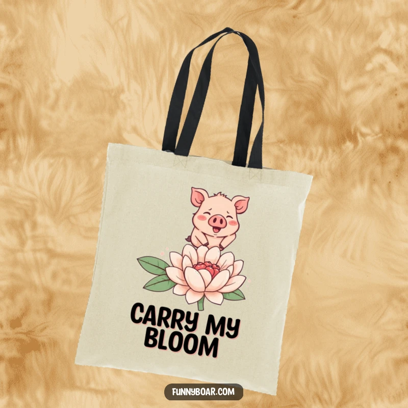 Funny tote bag showcasing a tiny, round, rosy-cheeked boar joyfully leaping over a large, smiling flower, ideal for carrying essentials.