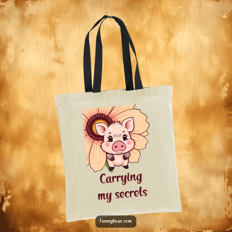 Funny Tote Bag: A cute boar with sparkling eyes shyly peeks around a giant flower, a charming and practical bag.