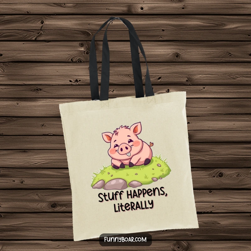 Funny Tote Bag: A chubby boar with a big grin rolls down a grassy hill, a cheerful and practical bag.